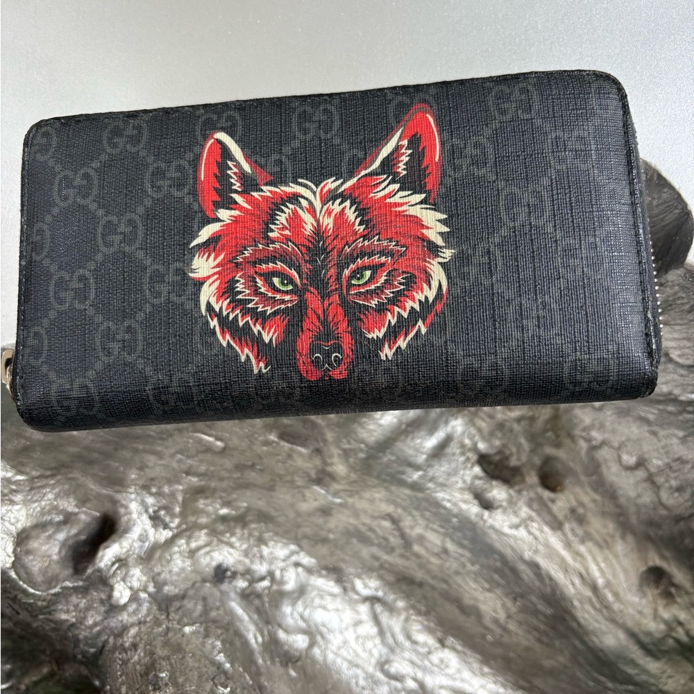 Gucci Black Wallet with Red Wolf Motif